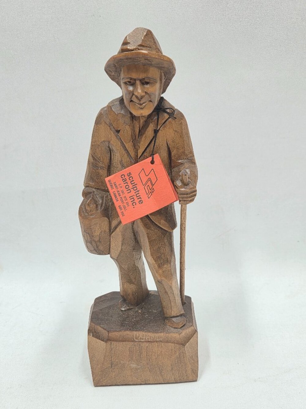 Sculpture Caron Inc Quebec Wood Figure Man with bag walking stick by Robert Jean